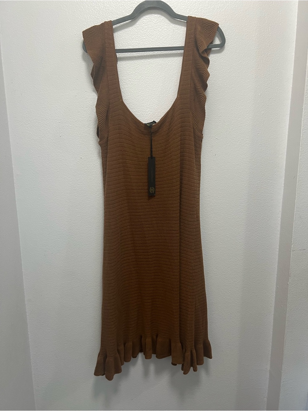 House of Harlow 1960 Brown Rib Knit Ruffle Hem Sleeveless Dress NWT